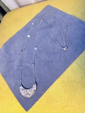 Long Silvertone Crescent Pendant Necklace - Women Jewelry